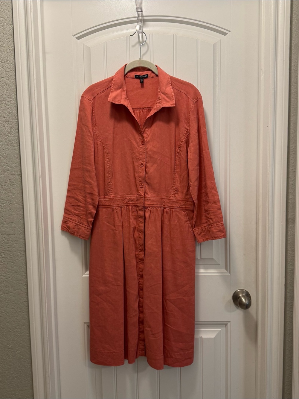 Eileen Fisher Shirtdress Linen Blend Midi Coral Pink Button Up Coastal Grandma S